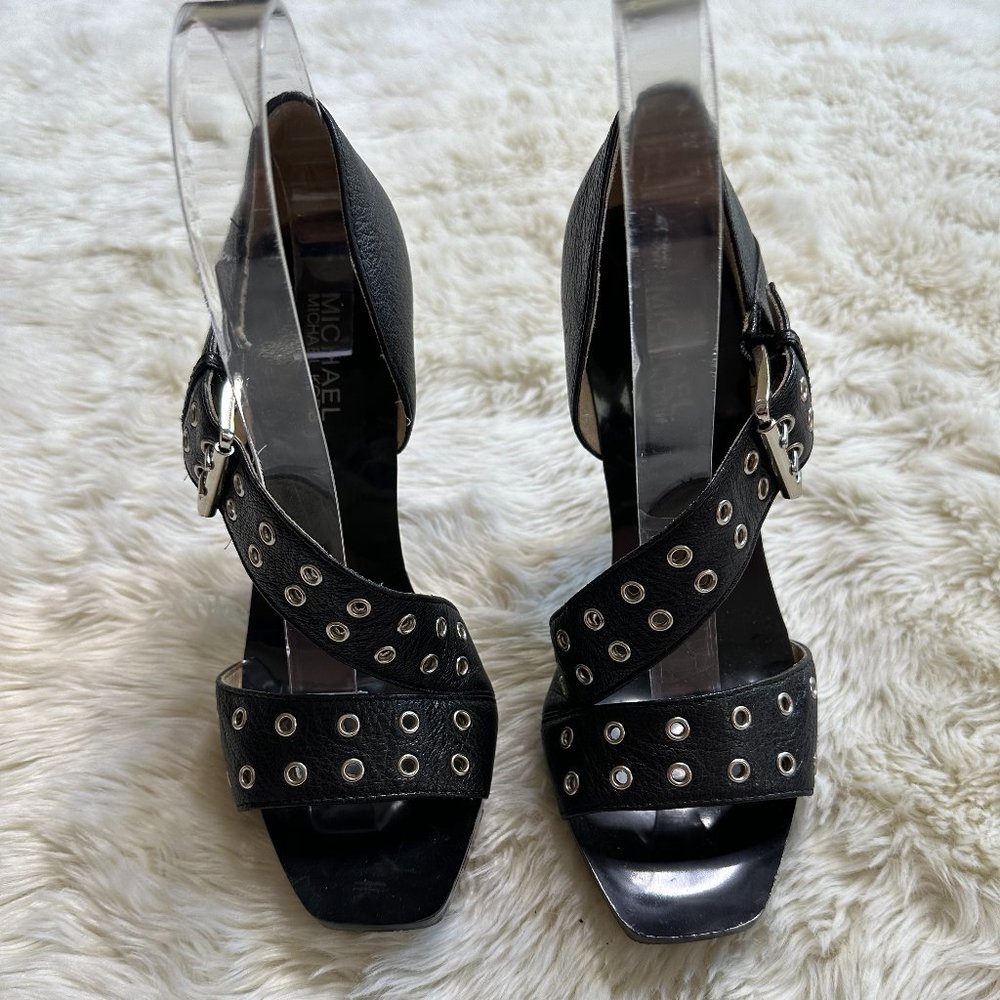 MICHAEL Michael Kors Black Crossover Buckle Open Toe Heels Women's 7.5 - Picture 2 of 6